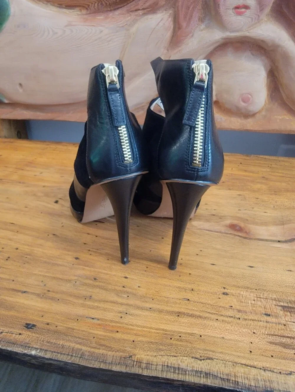 Nine West Sz 8 Black Faux Leather & Suede Stappy Peep Toe 4